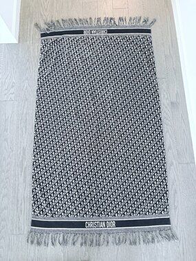 Christian Dior Navy Blue Oblique Beach Towel With Tassel Fringe